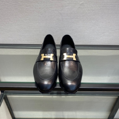 GIÀY HERMES LEATHER BLACK LOAFER SHOES