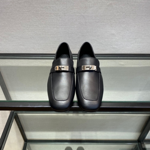 GIÀY HERMES KELLY LEATHER BLACK LOAFER SHOES