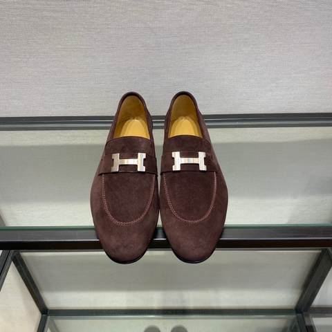 GIÀY HERMES SUEDE LEATHER BROWN LOAFER SHOES