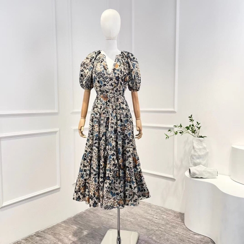 VÁY CAMILLA Summer Vacation Original V-Neck Floral Cotton Balloon Sleeve Midi Dress High Classy