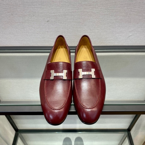 GIÀY HERMES LEATHER BURGUNDY LOAFER SHOES