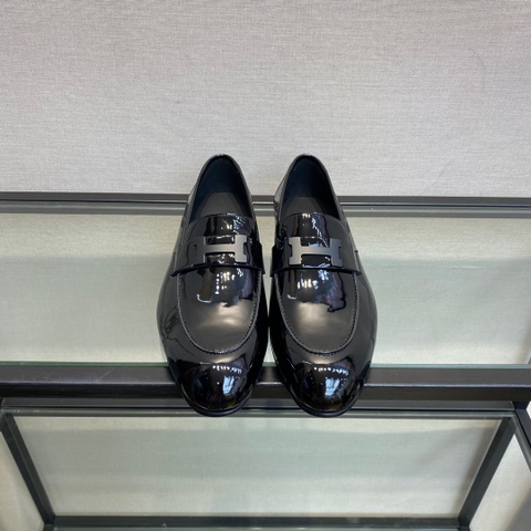 GIÀY HERMES GLOSS LEATHER BLACK LOAFER SHOES