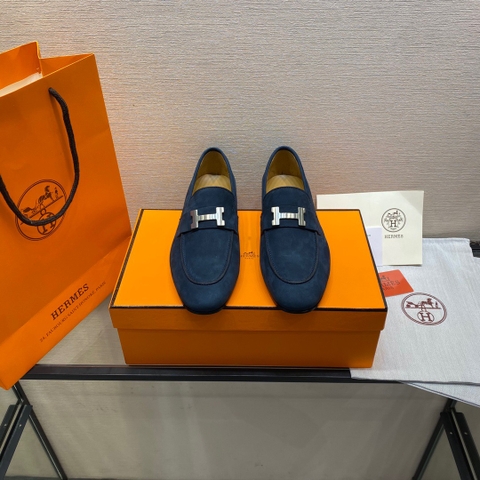 GIÀY HERMES SUEDE LEATHER BLUE LOAFER SHOES