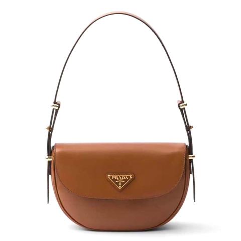 TÚI PRADA  Women Arqué Leather Shoulder Bag with Flap-Brown