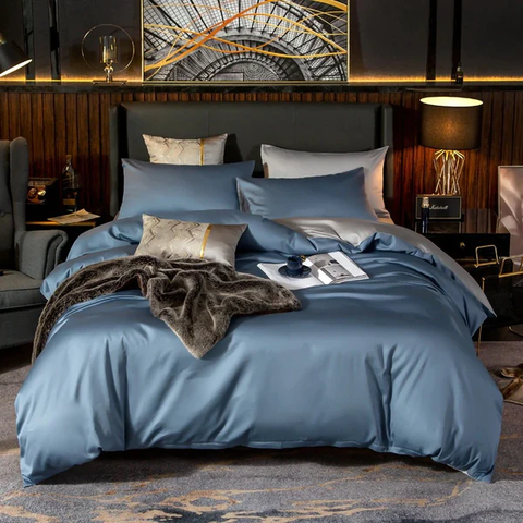 BỘ CHĂN GA GỐI Shemir Sky Blue Silver Reversible Egyptian Cotton Duvet Cover Set
