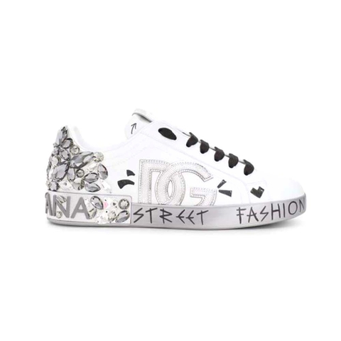 GIÀY DOLCE & GABBANA Printed Calfskin Nappa Portofino Sneakers with DG Logo and Embroidery-Silver