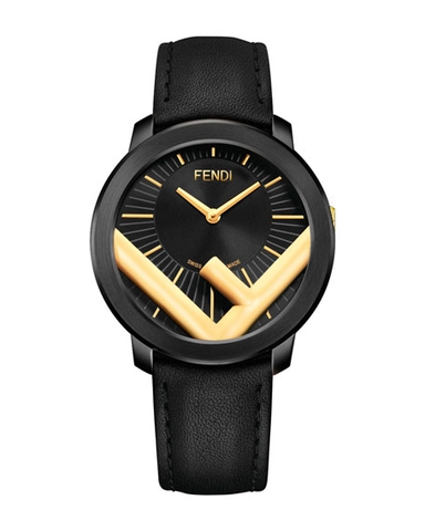 FENDI F Logo Analog Leather Watch with Black Strap