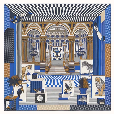 KHĂN Hermes Women Grand Theatre Nouveau Scarf 90 in Silk Twill-Navy