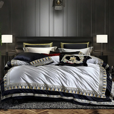 BỘ CHĂN GA GỐI Lisa Silver Embroidered Jacquard Satin Duvet Cover Set