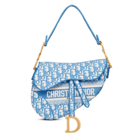 TÚI Dior Women Saddle Bag Cornflower Blue Dior Oblique Embroidery