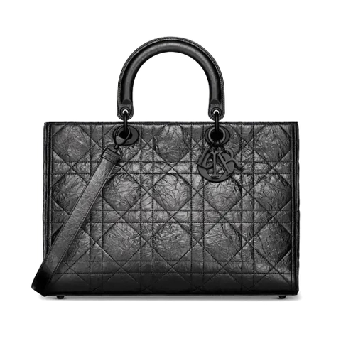 TÚI DIOR Women Large Lady D-Sire Bag Black Macrocannage Crinkled Calfskin