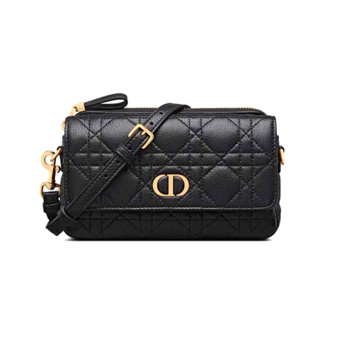 TÚI Dior Women Caro Pouch with Chain Black Supple Cannage Calfskin