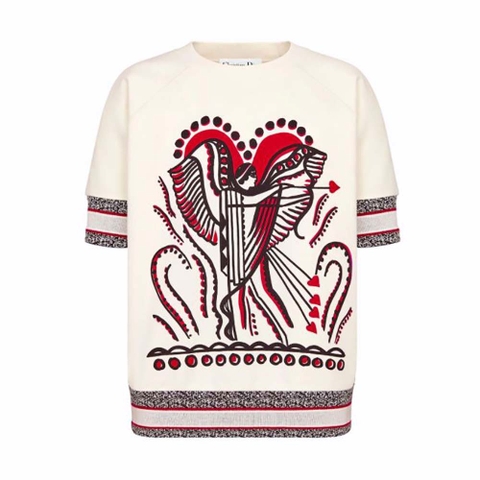 ÁO Dior Short-Sleeved Sweatshirt White Cotton Jersey with Multicolor Cupidon Motif