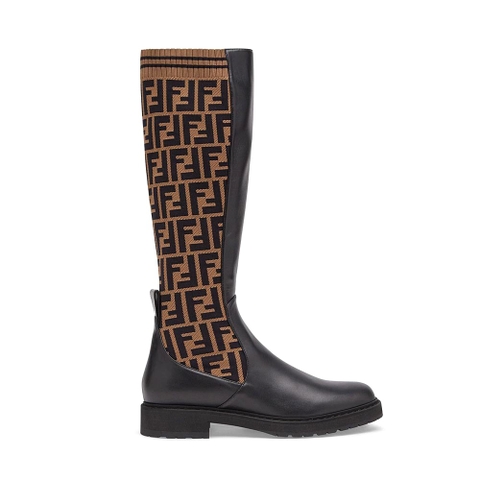 Giày Fendi Women Rockoko Black Leather Ankle Boots with Stretch Fabric