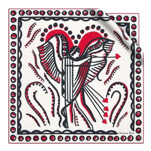 KHĂN Dior Women Cupidon Square Scarf White Black and Red Silk Twill