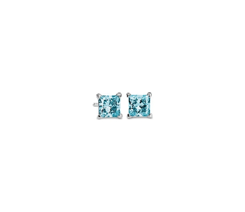 Bông tai vàng trắng 18K Au750 Blue Diamond Princess Solitaire Stud Earrings
