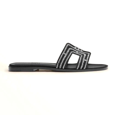 GIÀY Hermes Women Oran Sandal in Suede Goatskin-Black SS2022