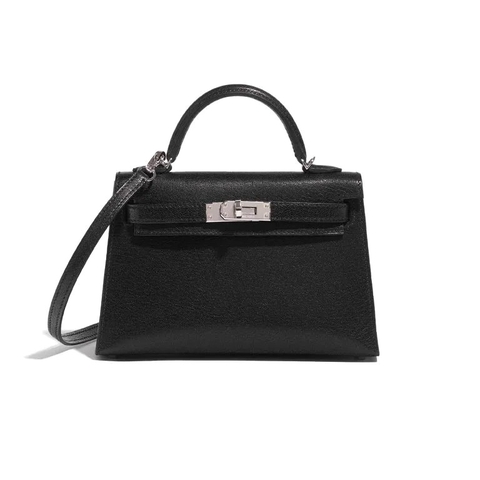 TÚI Hermès Kelly Mini Chèvre Chamkila Black Silver Buckle khóa trắng