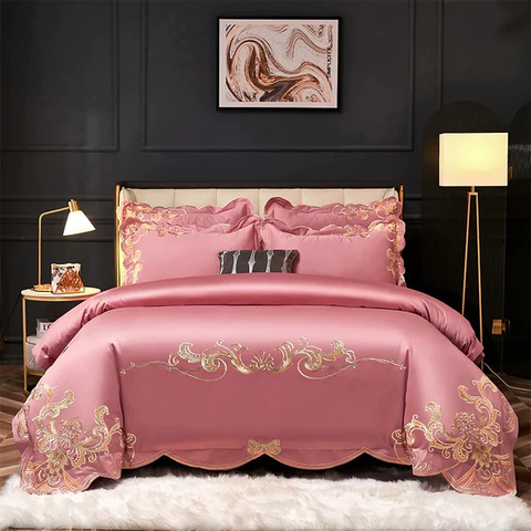 BỘ CHĂN GA GỐI Miriam Pink Embroidered Cotton Duvet Cover Set