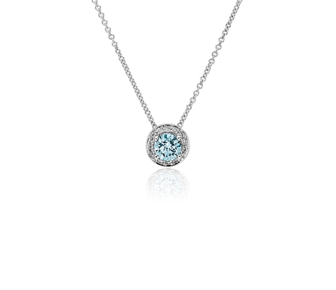 Dây chuyền vàng trắng 18K Au750 Blue Diamond Round Halo Pendant Necklace