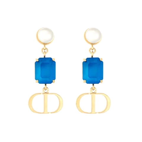 BÔNG TAI Dior Women Petit CD Earrings Gold-Finish Metal with White Resin Pearls and Fluorescent Blue Crystals
