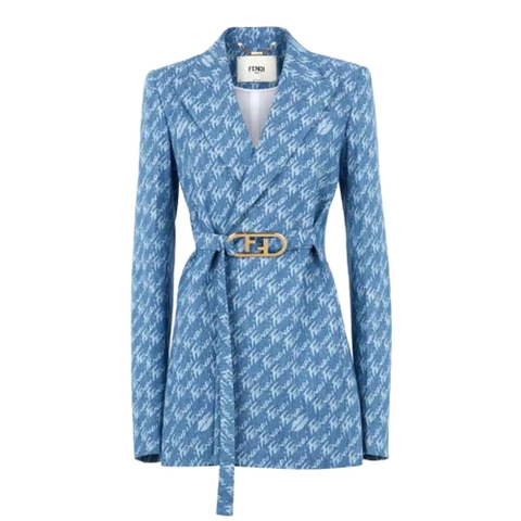 ÁO Fendi Women Light Blue Chambray Jacket with Peak Lapels and Breast Pocket
