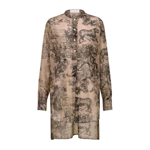 Váy Dior Long Blouse Hazelnut Cotton Voile with Toile De Jouy Motif