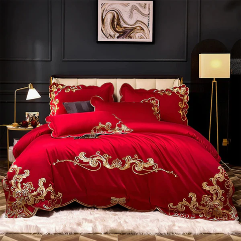 BỘ CHĂN GA GỐI Miriam Red Embroidered Cotton Duvet Cover Set