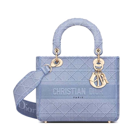TÚI Dior Women Medium Lady D-Lite Bag Denim Blue Cannage Embroidery