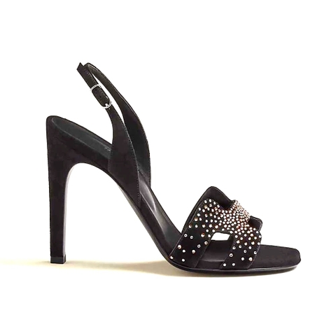 GIÀY Hermes  Women Ella 105 Sandal High Heel Sandal in Suede Goatskin-Black SS2022