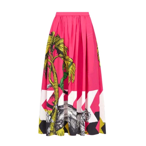 Chân váy Dior Mid-Length Pleated Skirt Pink Cotton Poplin with Multicolor D-Tiger Pop Motif