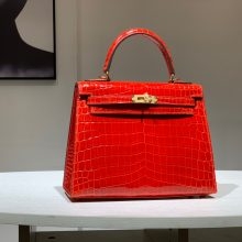 TÚI HERMES Kelly 25cm Glossy Crocodile Leather Red