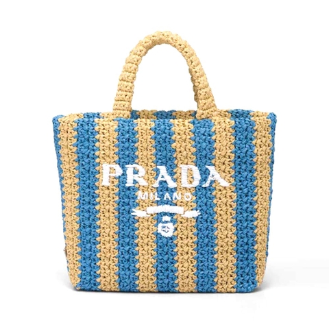 TÚI Prada Women Small Raffia Tote Bag with Embroidered Lettering Logo on the Front-Blue
