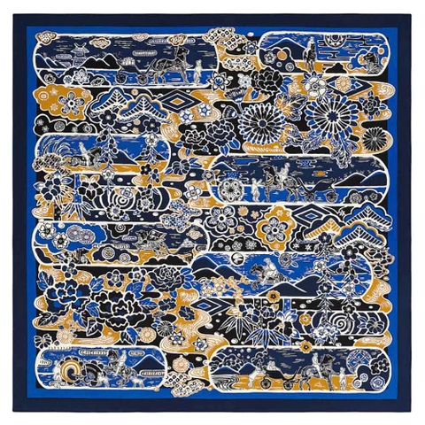 KHĂN Hermes Women Bingata Shawl 140 in Cashmere and Silk with Hand-Rolled Edges-Navy