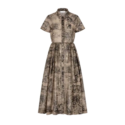 VÁY CHRISTIAN DIOR Shirt Dress Hazelnut Cotton Voile with Toile de Jouy Motif
