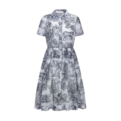 Váy Dior Mid-Length Shirt Dress White and Navy Blue Toile de Jouy Cotton Voile