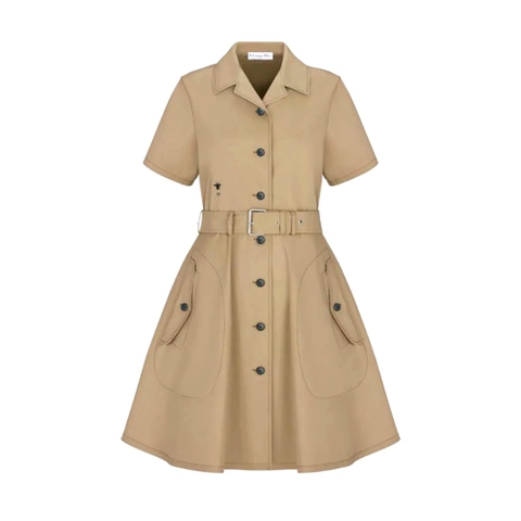 VÁY CHRISTIAN DIOR Dress with Belt Beige Cotton Gabardine