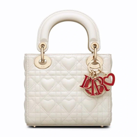 TÚI Dior Women Mini Lady Dior Dioramour Bag Latte Cannage Lambskin with Heart Motif-White