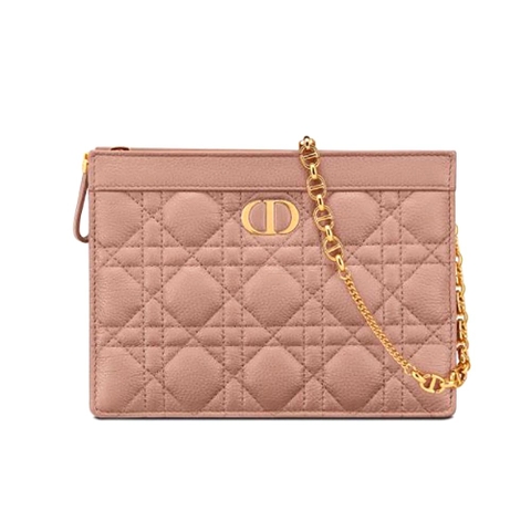TÚI Dior Women Caro Zipped Pouch with Chain Cedar Green Supple Cannage Calfskin-Pink