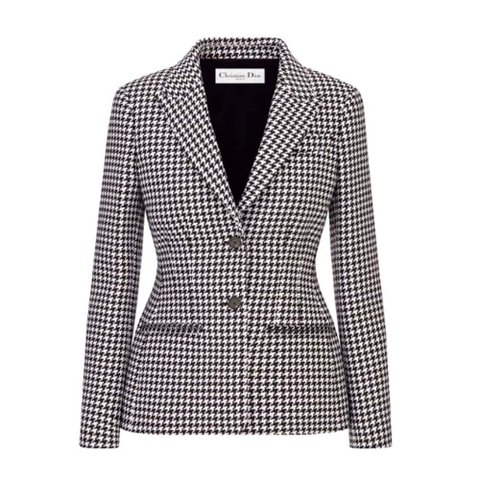 ÁO Dior Women Fitted Jacket Black and White Wool Twill and Silk with Micro Houndstooth Motif