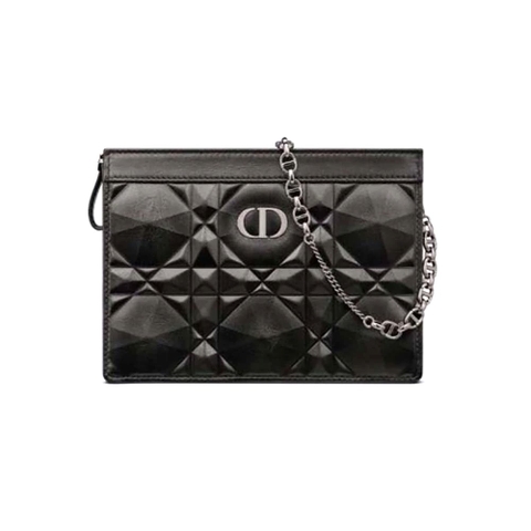 TÚI Dior Women Caro Zipped Pouch with Chain Black Macrocannage Calfskin with Diamond Motif