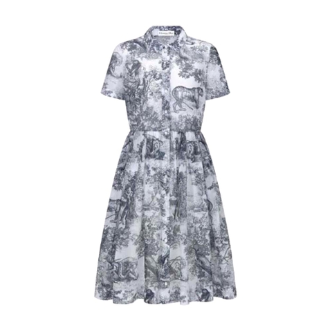 VÁY CHRISTIAN DIOR Mid-Length Shirt Dress White and Navy Blue Toile de Jouy Cotton Voile