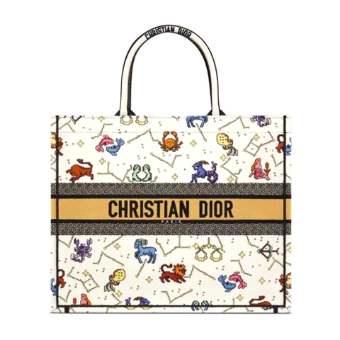 TÚI Dior Women Large Dior Book Tote Latte Multicolor Dior Pixel Zodiac Embroidery