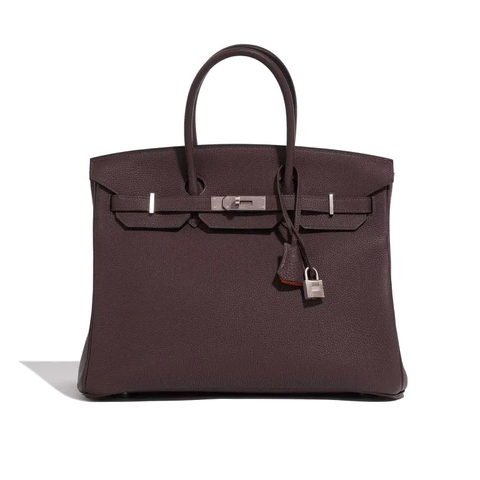 TÚI Hermès Birkin 35 Togo Chocolat Orange Poppy Silver Buckle khóa trắng