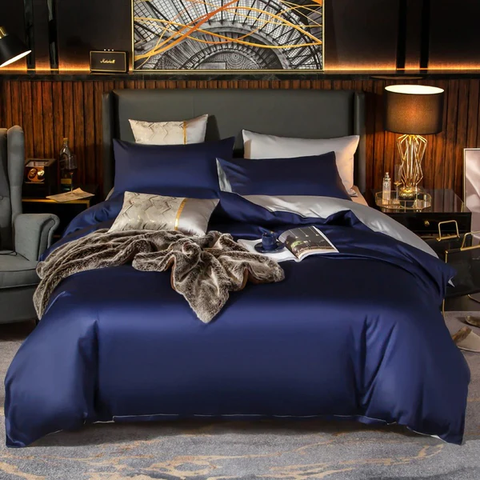 BỘ CHĂN GA GỐI Shemir Royal Blue Silver Reversible Egyptian Cotton Duvet Cover Set