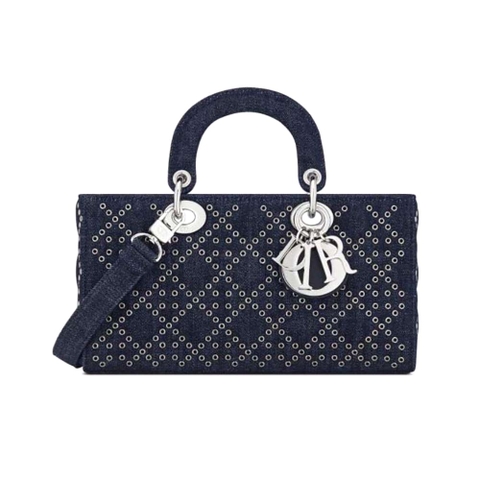 TÚI Dior Women Lady D-Joy Bag Eyelet Blue Cannage Denim