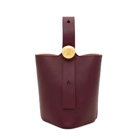 TÚI LOEWE Unisex Mini Pebble Bucket Bag in Mellow Calfskin-Maroon