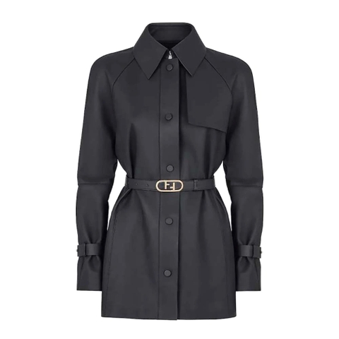 ÁO Fendi Women Black Waxed Leather Jacket ÁO DA