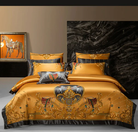 BỘ CHĂN GA GỐI Niki Gold Egyptian Cotton Embroidered Duvet Cover Set