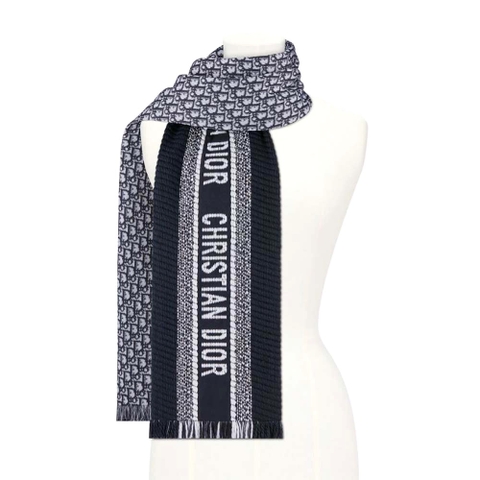 KHĂN Dior Women Oblique University Reversible Scarf Navy Blue Wool and Silk
